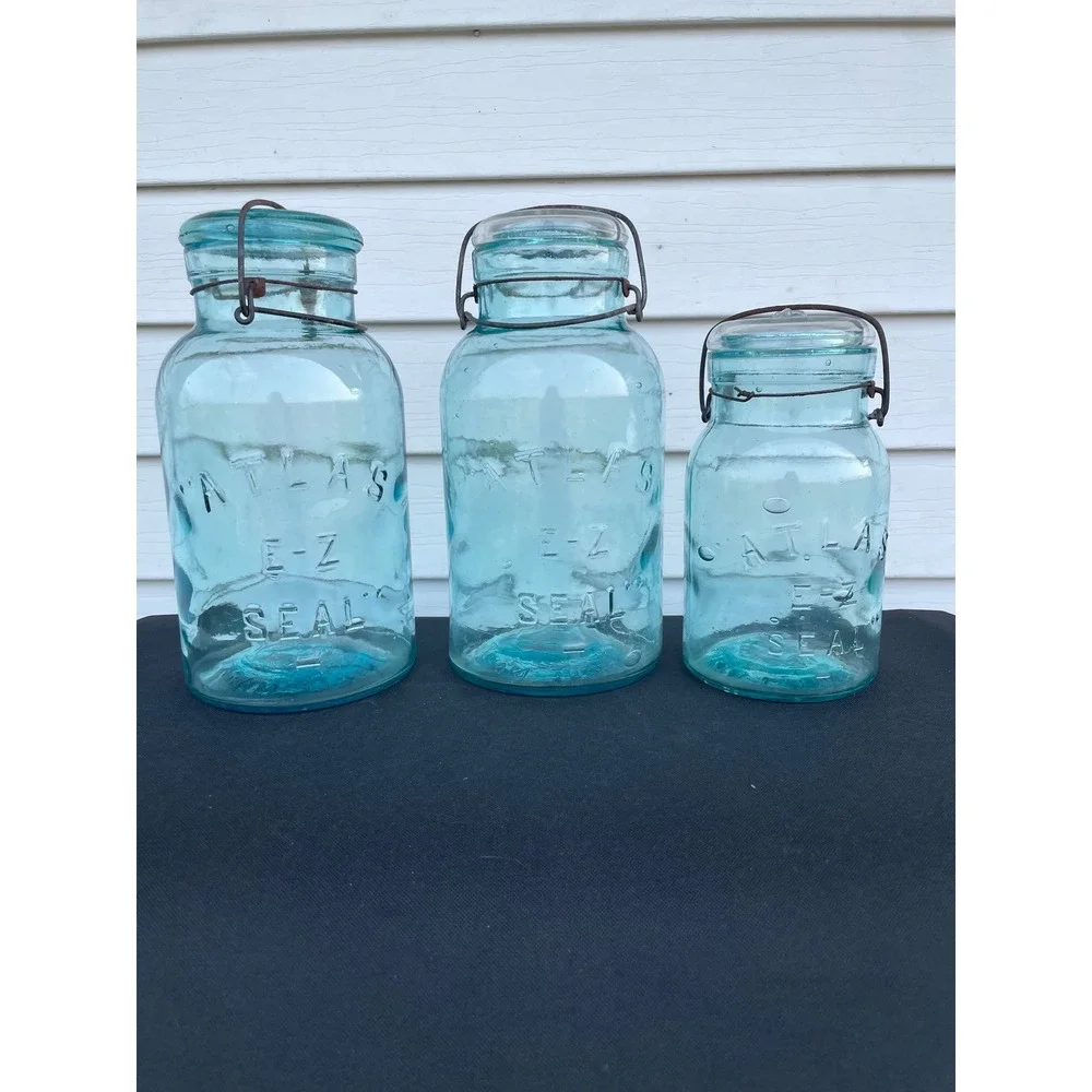 Atlas E-Z Seal Vintage Aqua Blue Glass Mason Jars Wire Bail Set of 3